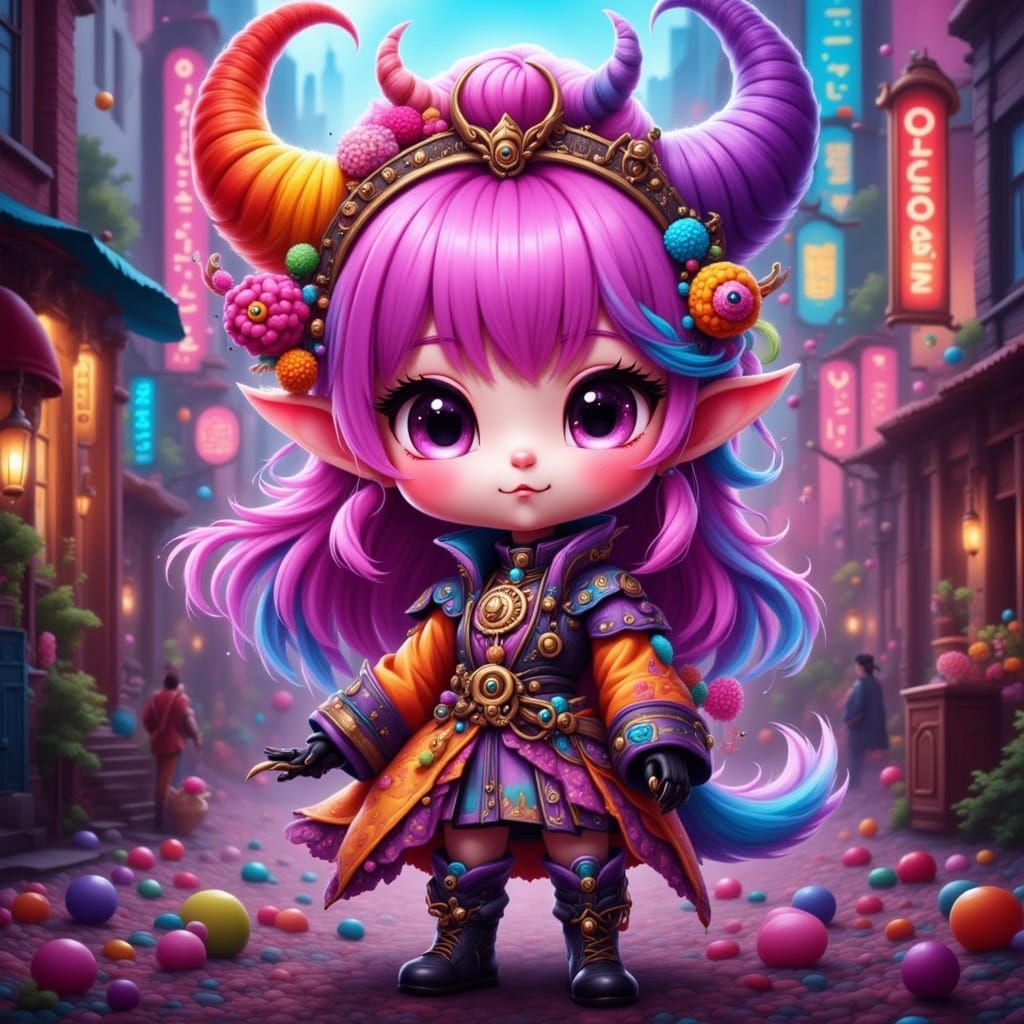 Cute Chibi Demoness in Colorful Clockpunk Attire