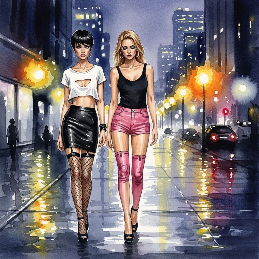 Impressionistic Watercolor of Women in City at Night