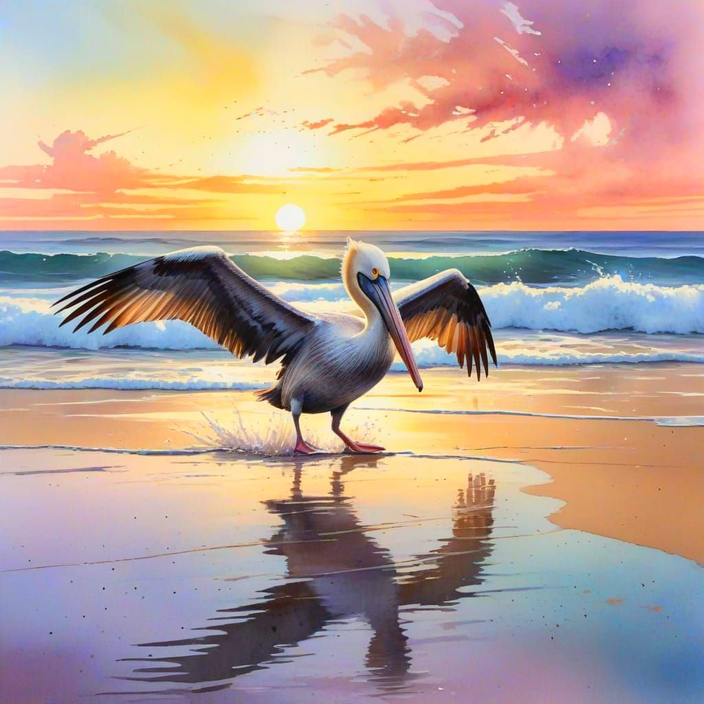 Stately Pelican Glides Over Sunrise Shoreline