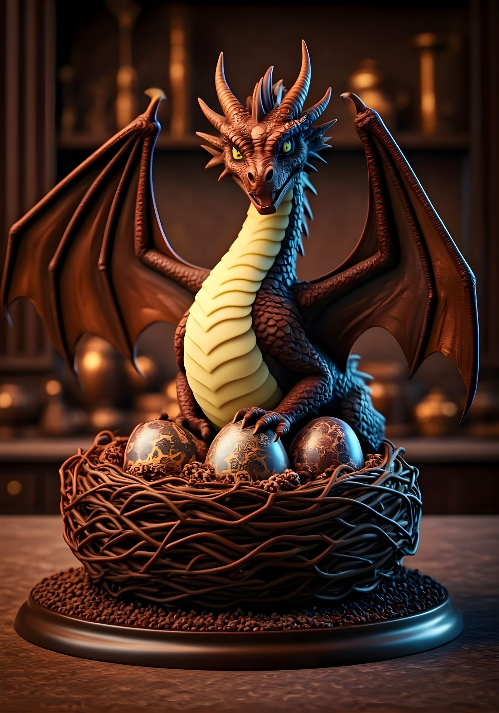Chocolate Dragon Guarding Eggs: Hyperrealistic Digital Art