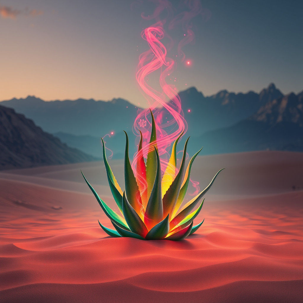 Aloe Vera Bonfire on Desert Beach: Fantasy Art