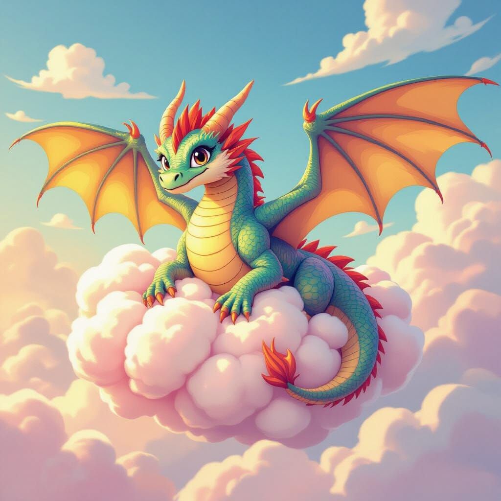 Dragon Tumbles in Fluffy Cloud, Children's Book Style