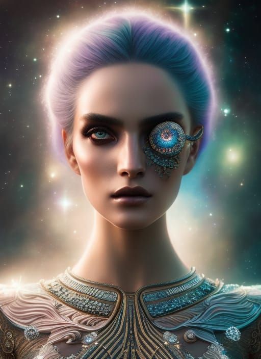 Galaxy Goddess with Haunting Eyes: Digital Illustration