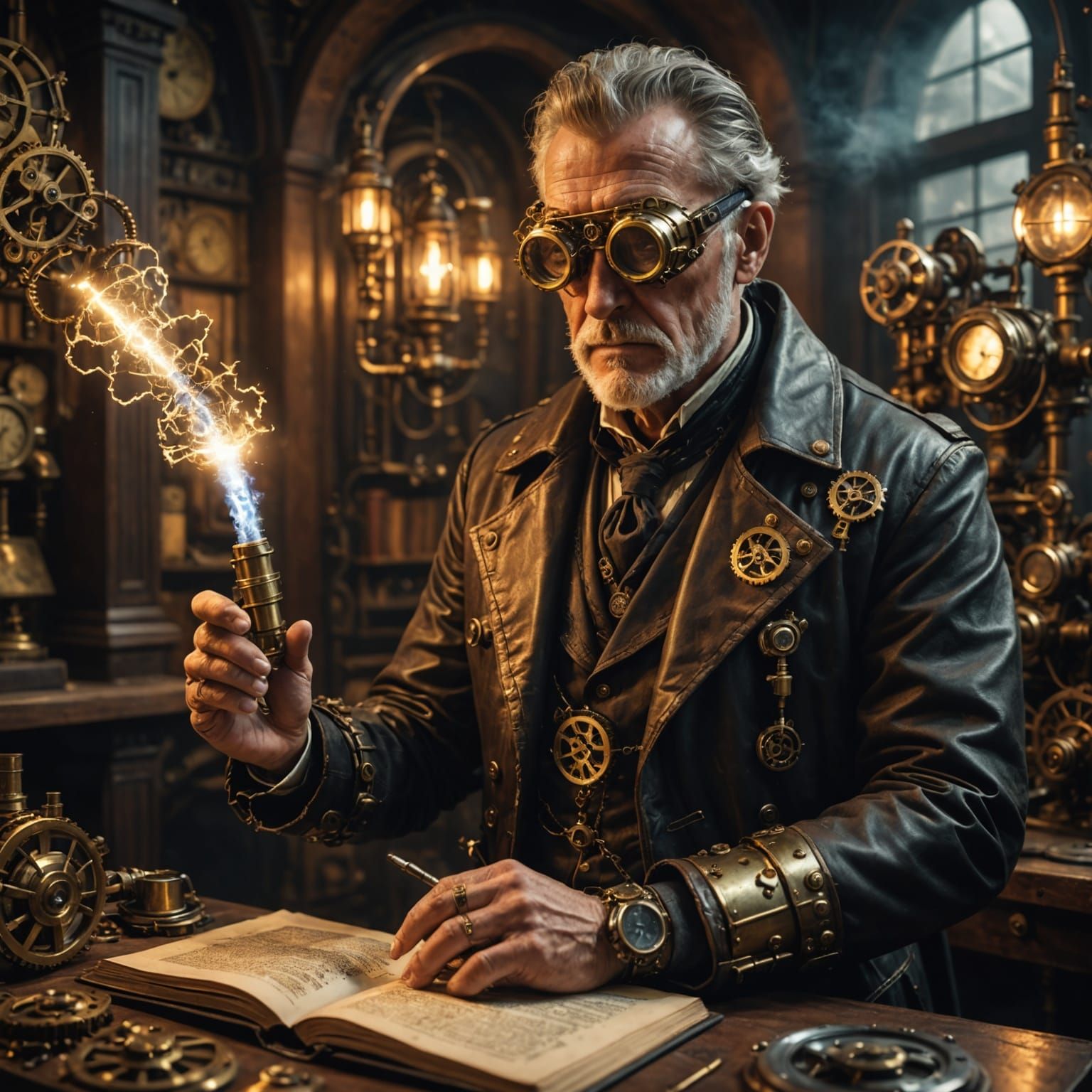 Steampunk Inventor with Brass Goggles and Glowing Accessorie...