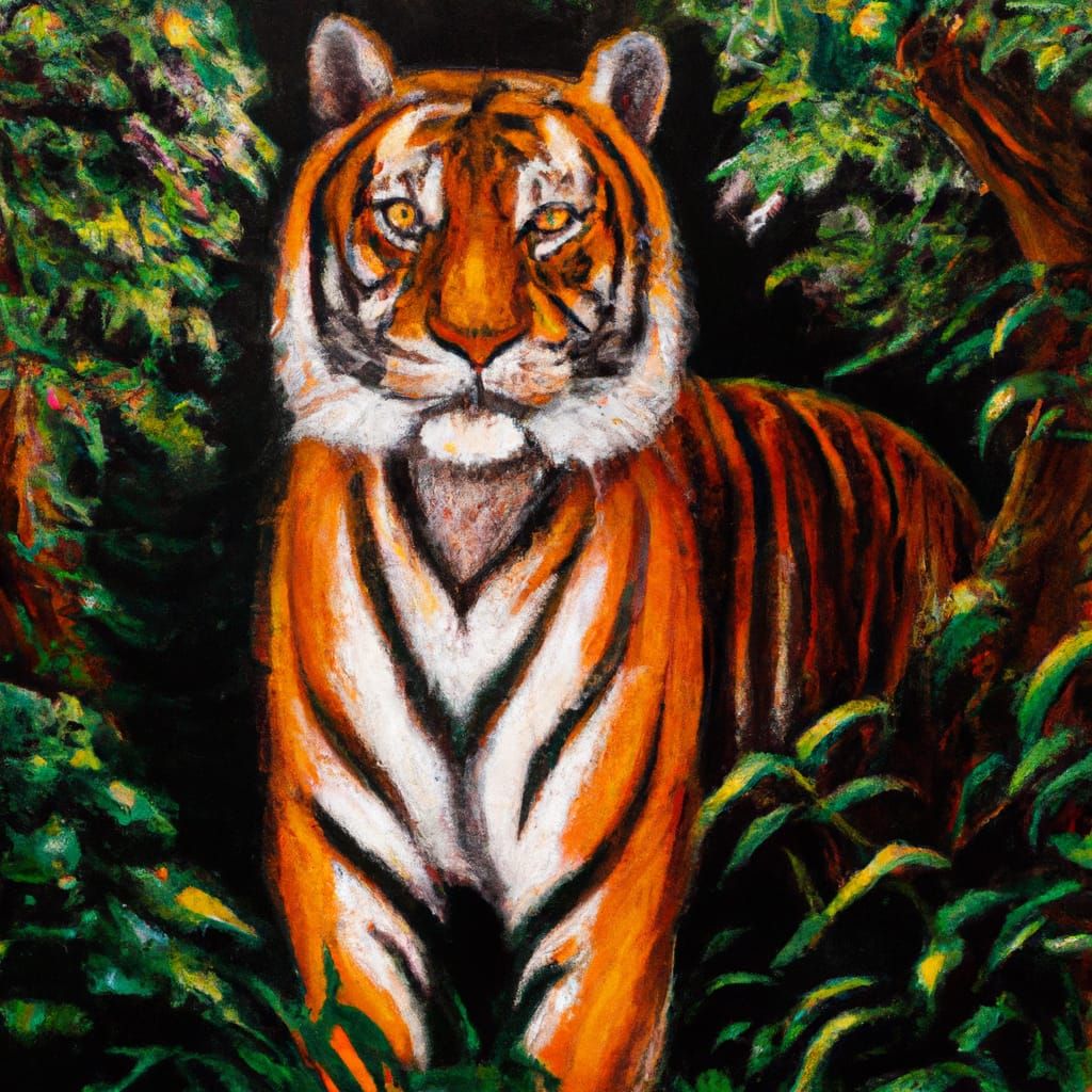 Majestic Tiger Prowling Through Jungle as Oil Painting
