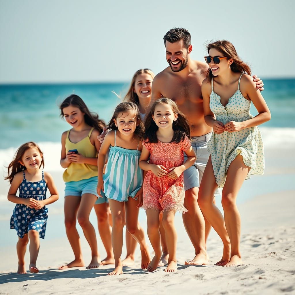 Vibrant Family at the Beach: A Joyful Moment