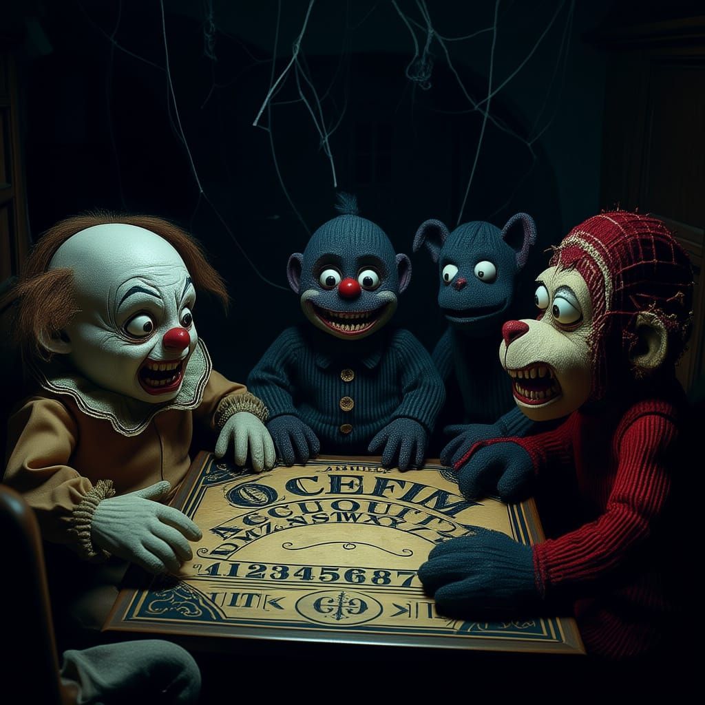 Evil Plush Toys Gather Around Ouija Board in Horror Scene