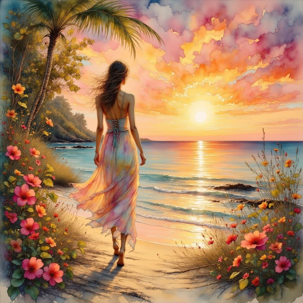 Woman on Flower Beach at Sunset in Naturalist Style