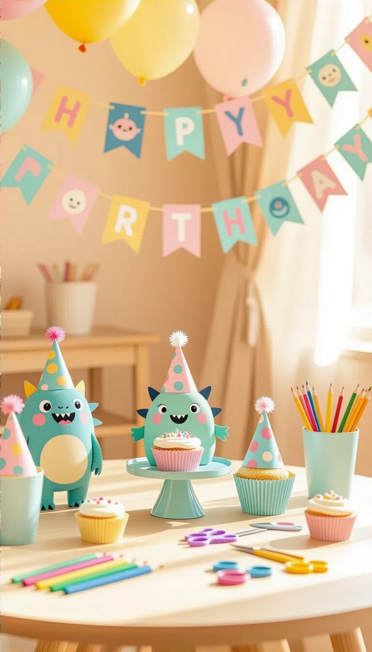 Cute Monster Birthday Party Setup in Pastel Colors