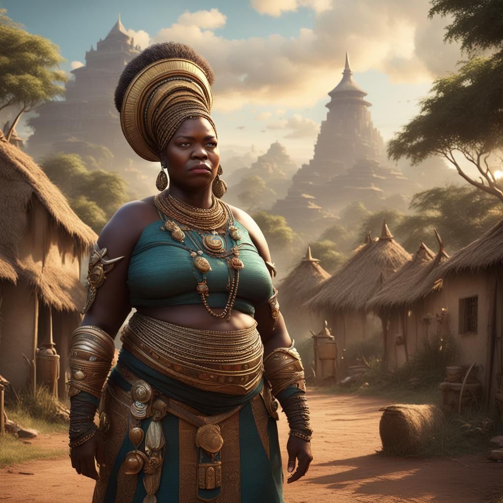 African Princess in Front of Village: Matte Painting
