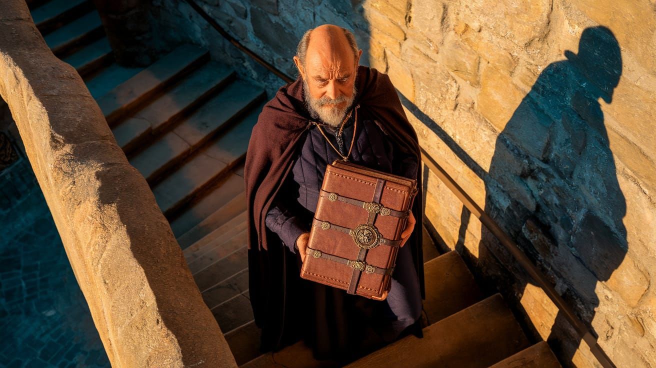 Wizard Ascends Ancient Keep in Golden Light