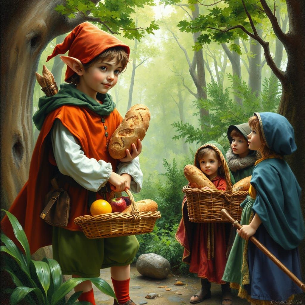 Robin Hood Sharing Food in Whimsical Style