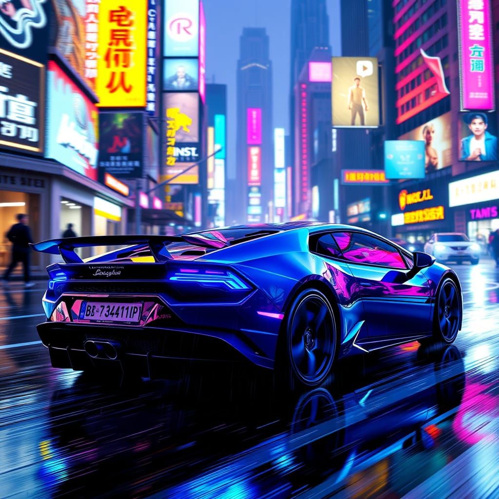 Futuristic Sports Car Speeds Down Neon-Lit City Street at Ni...