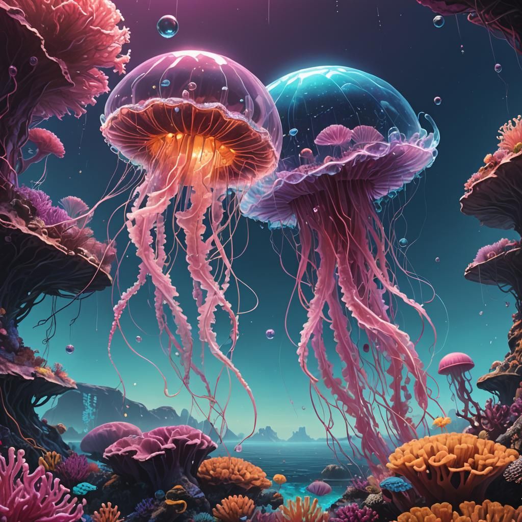 Crystal Jellyfish over Coral Reef: A Digital Painting