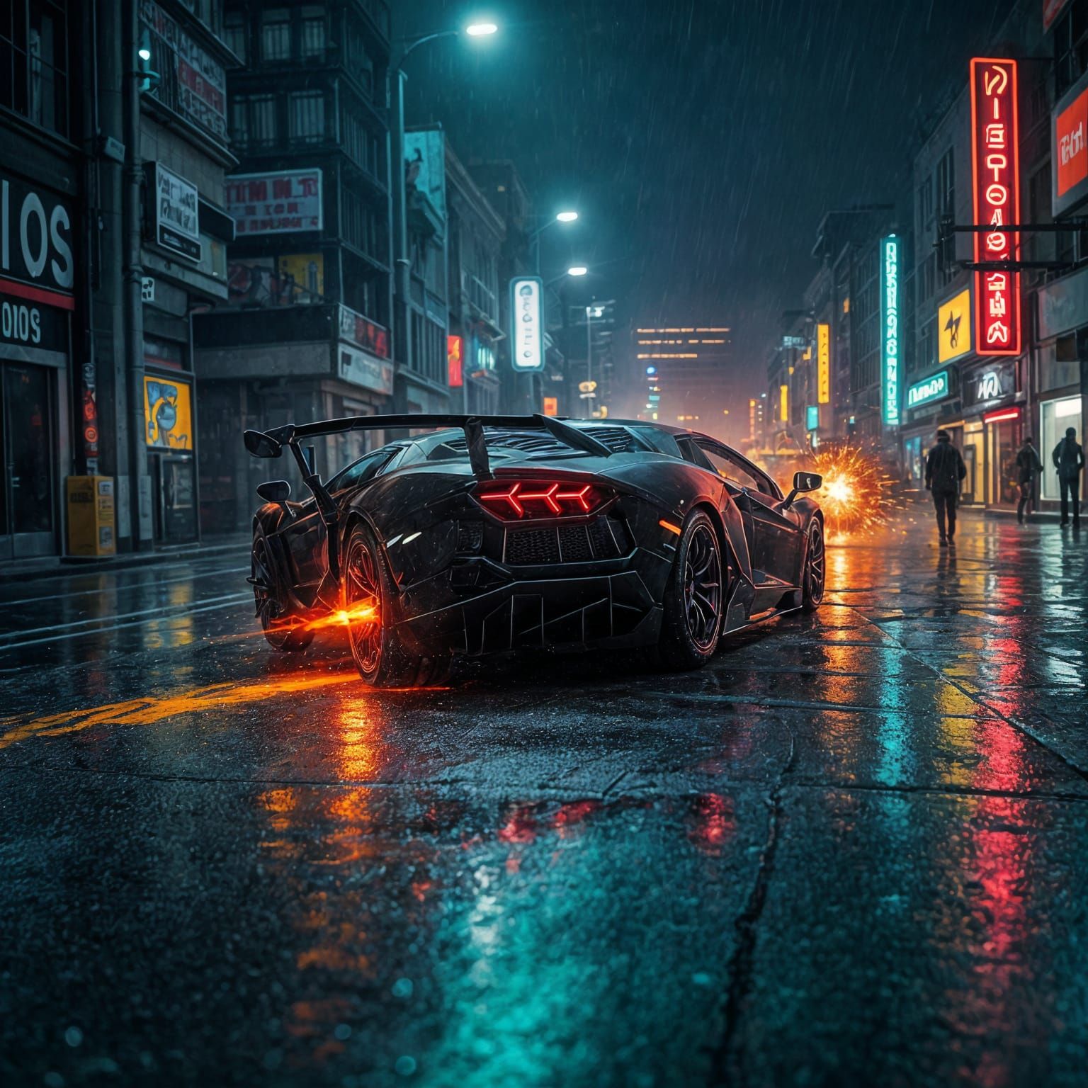Lamborghini Aventador in Cyberpunk City at Night
