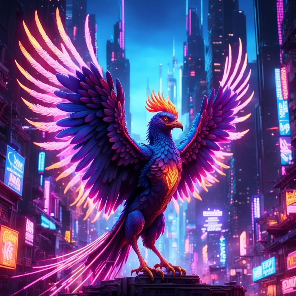 Cyberpunk Phoenix Soaring Through Neon Cityscape