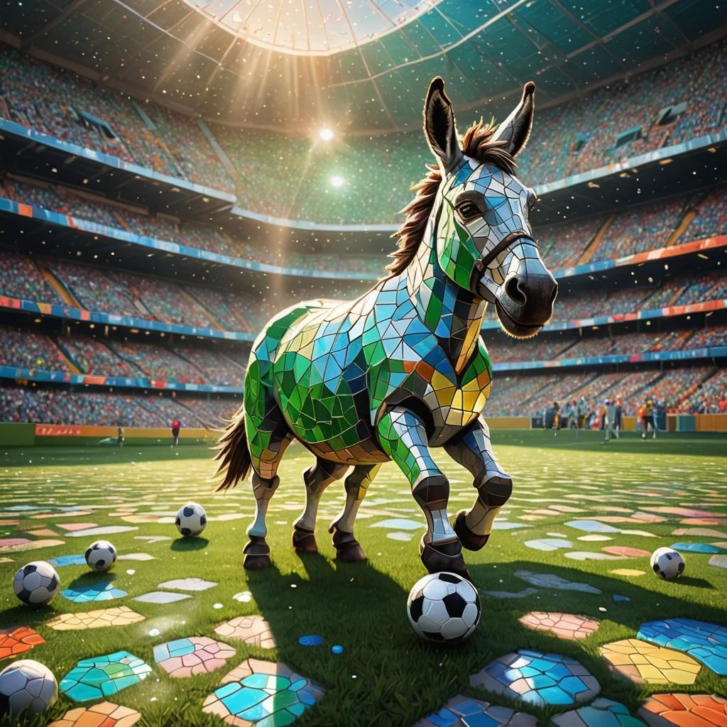 Mosaic Donkey Plays Soccer in Fantasy Stadium