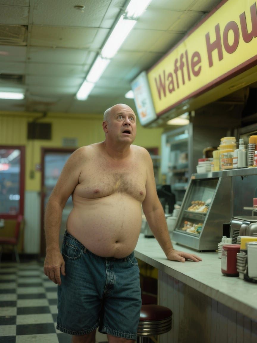 Bewildered Man at Waffle House Counter