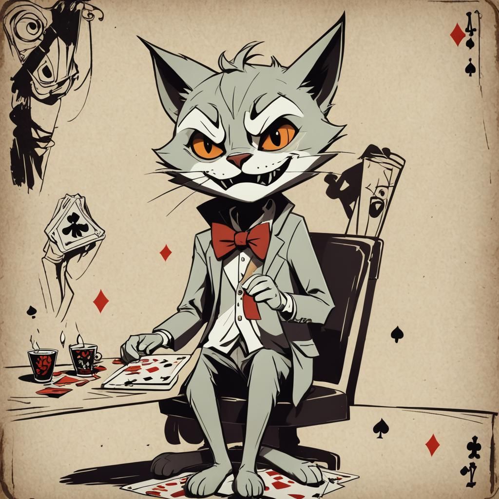 Anthropomorphic Cat Gambler in Dimly Lit Speakeasy