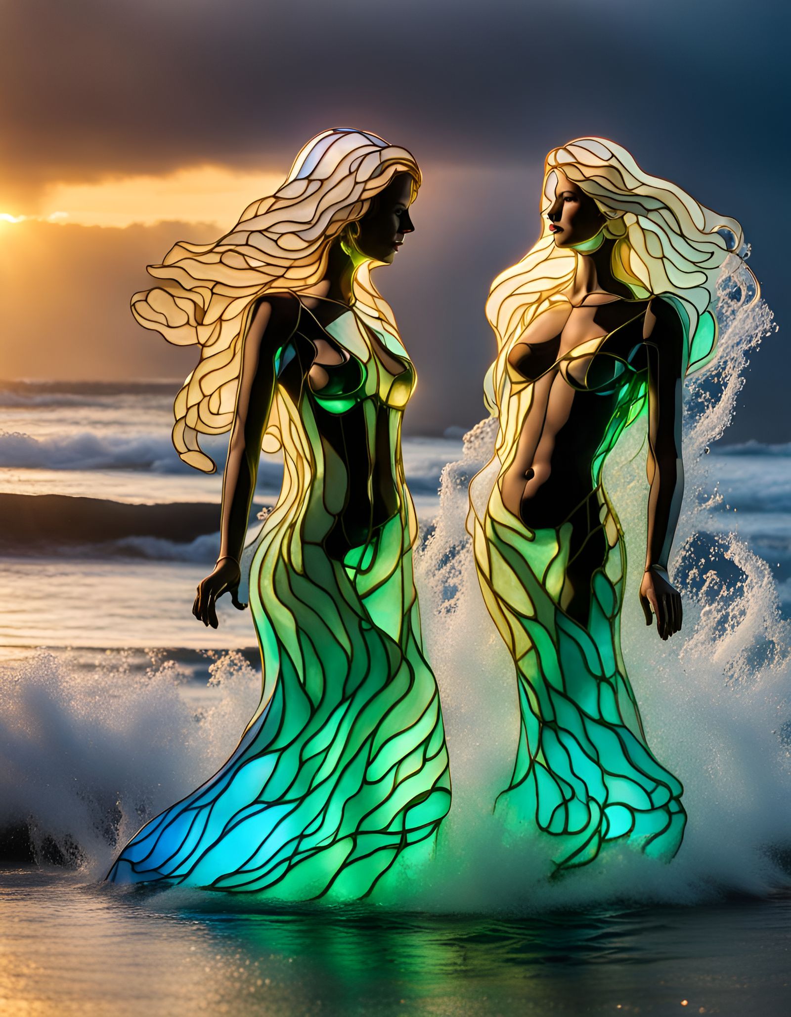 Luminous Stained Glass Girls on Stormy Beach