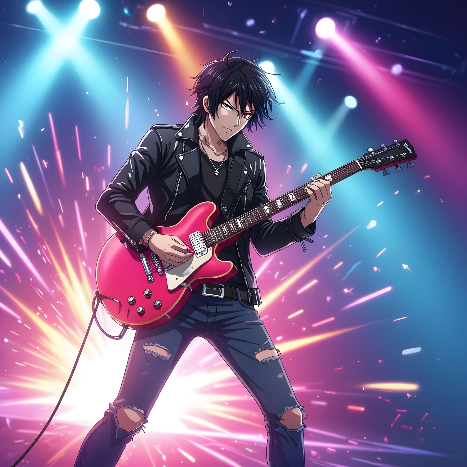 Anime Character Rocking Out with Electric Guitar