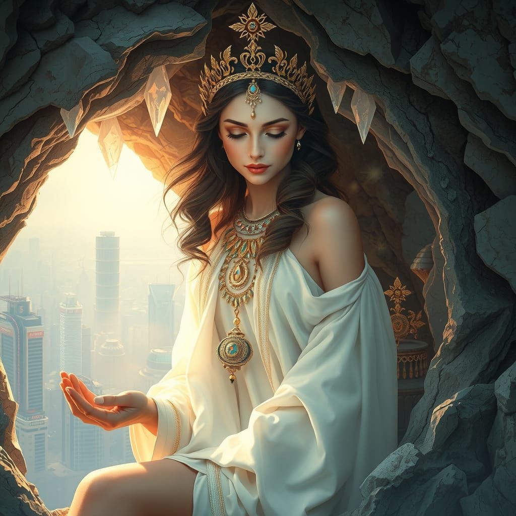 Goddess Emerges in Cyberpunk City, Art Nouveau Style