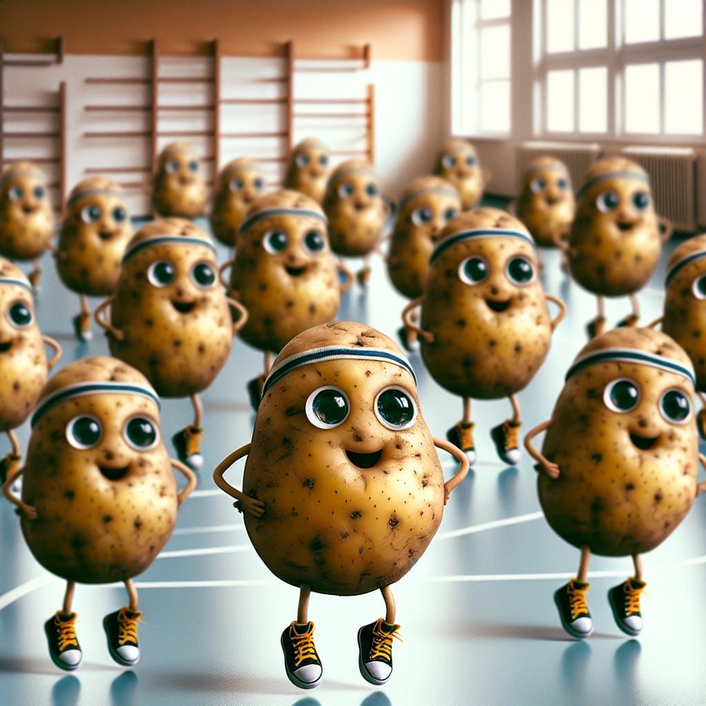 Anthropomorphic Potatoes in Lively Gym Class Scene