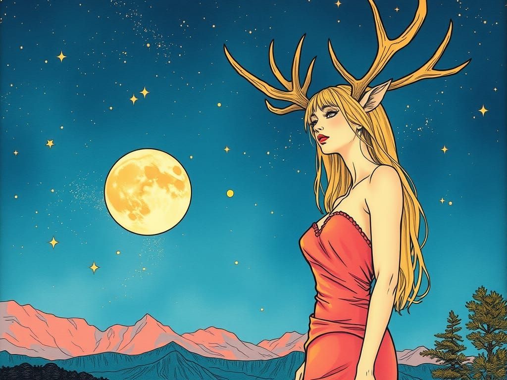 Woman with Stag Antlers in Golden Age Comic Style