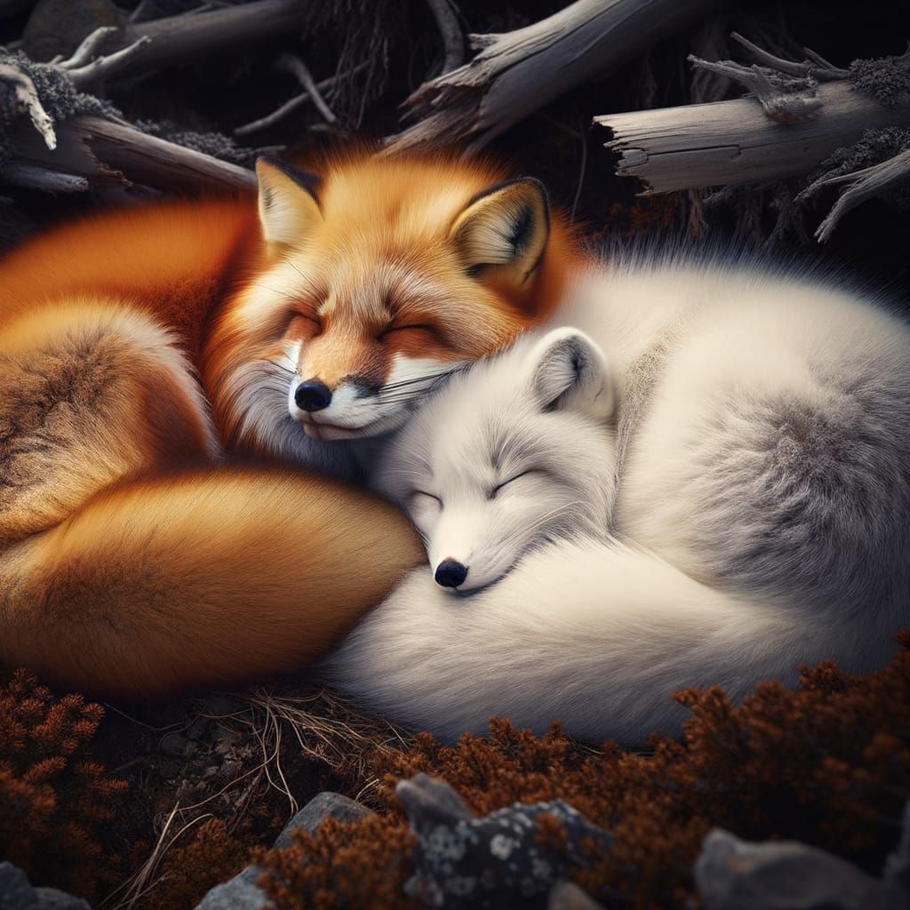 Red Fox and Arctic Fox Sleeping Together