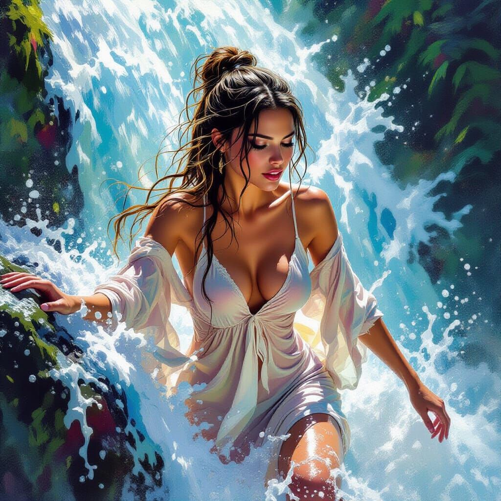 Viking Woman Ascending Waterfall in Hyperrealistic Splash Ar...