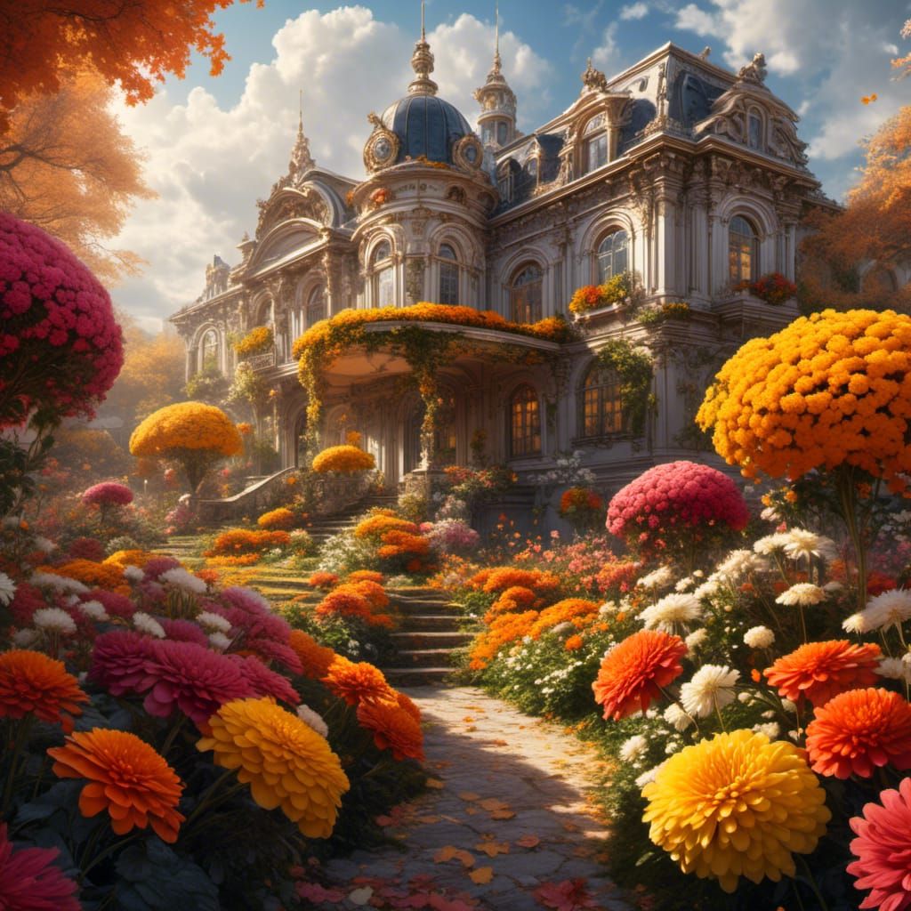 Chrysanthemum Flowers in Autumn Garden, Detailed Fantasy Art