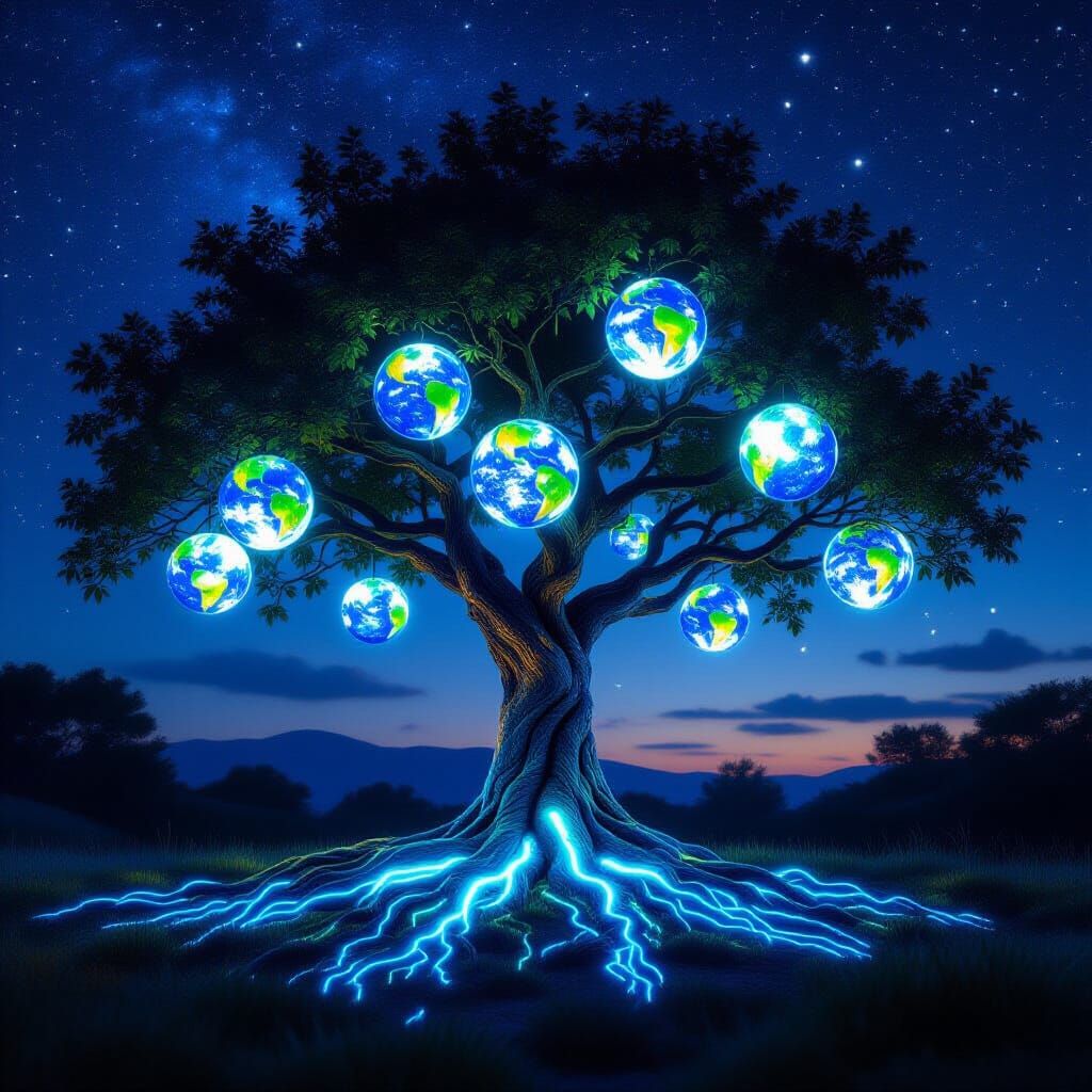 Bioluminescent Earth Tree with Glowing Orbs