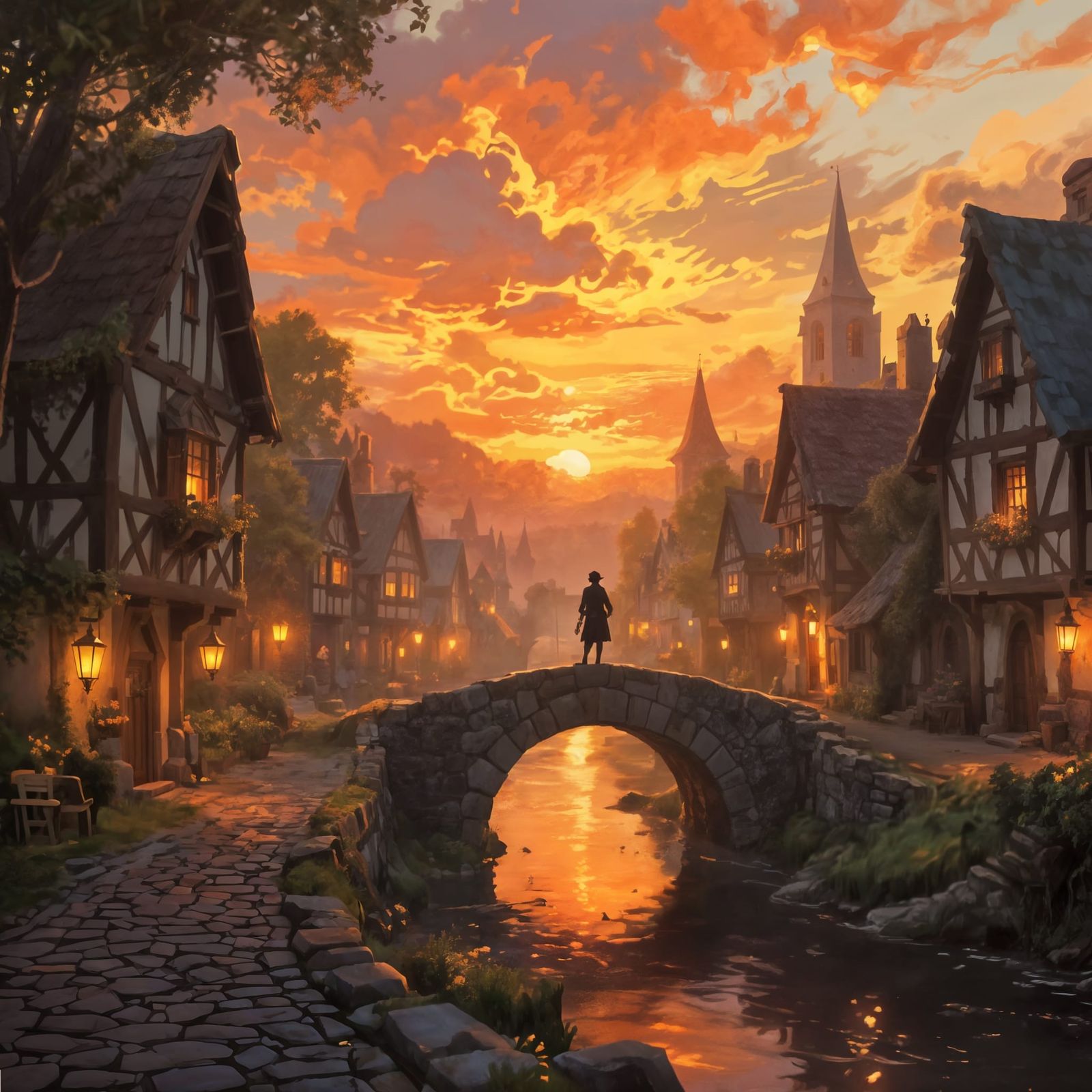 Dreamy Medieval Fantasy Town at Sunset