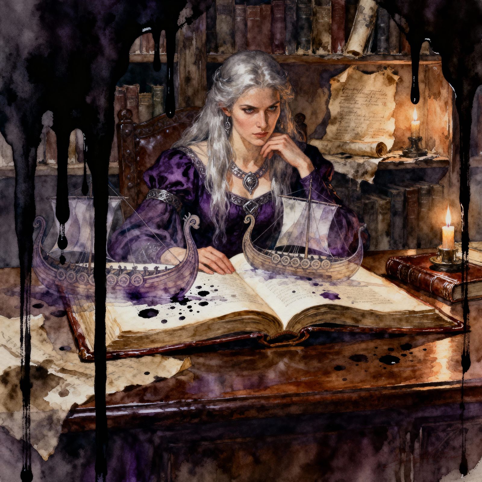 Norse Goddess in Library with Viking Longboats as Watercolor...