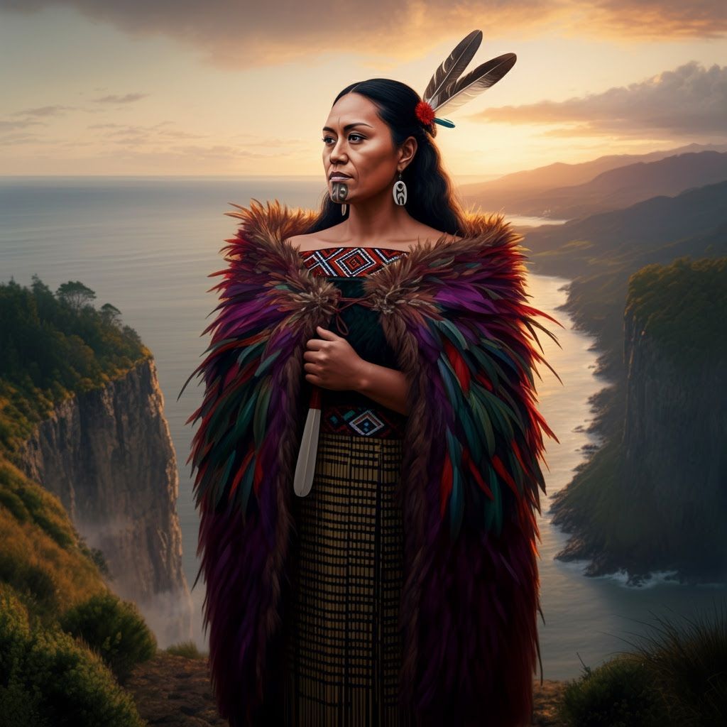 Maori Woman in Traditional Dress Overlooking New Zealand