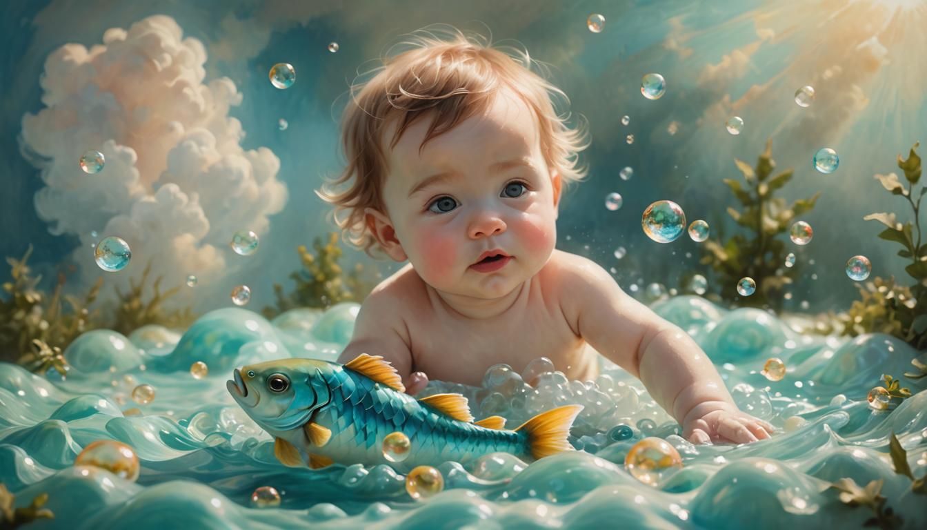 Baby with Turquoise Fish in Sunny Sky Oil Painting