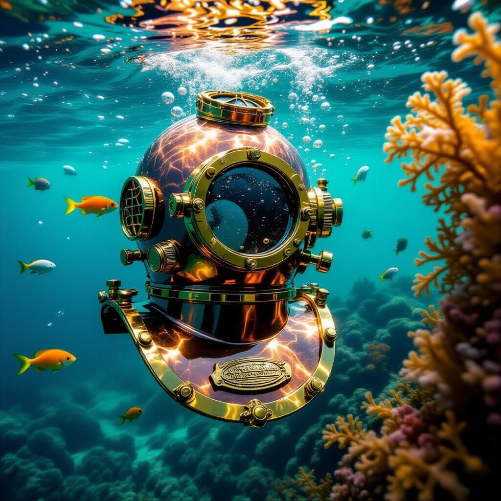 Vintage Copper Diving Helmet in Coral Reef