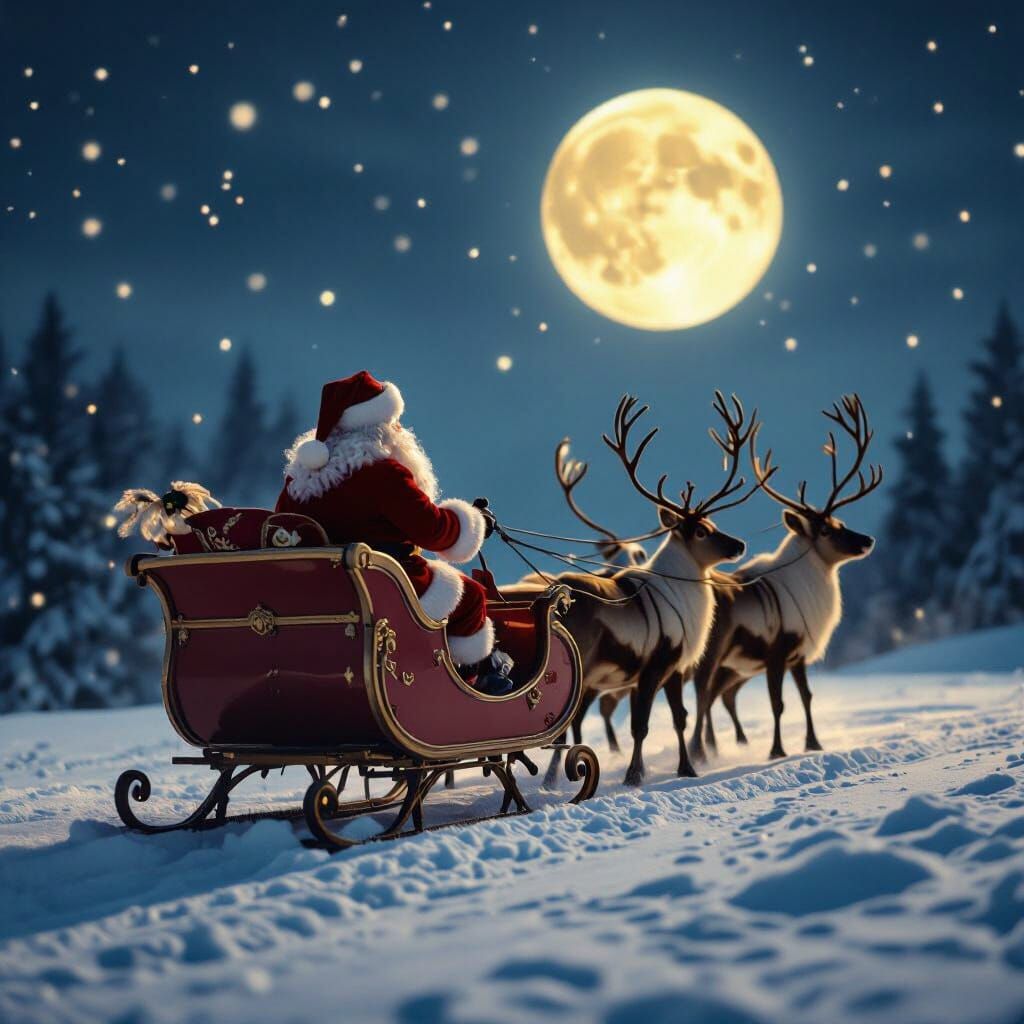 Cinematic Santa Flying Sleigh Under Bright Moon