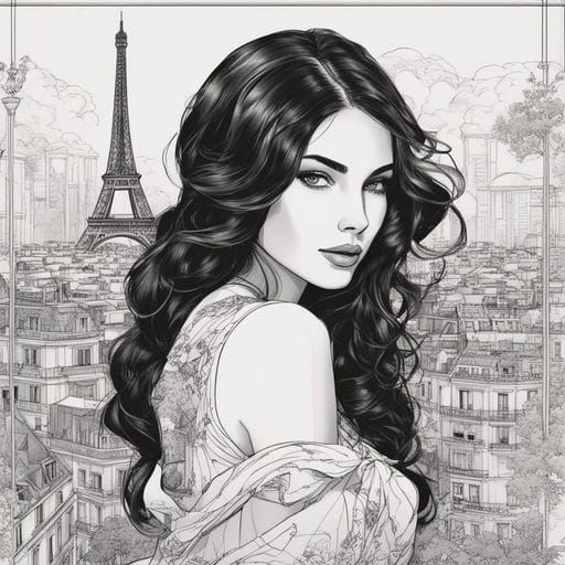Beautiful Girl Posing in Paris Fountain, Splash Art Style