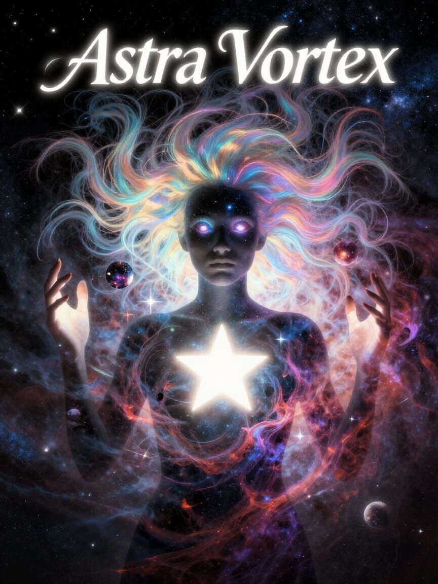 Astra Vortex Comic Cover in Surreal Double Exposure Style