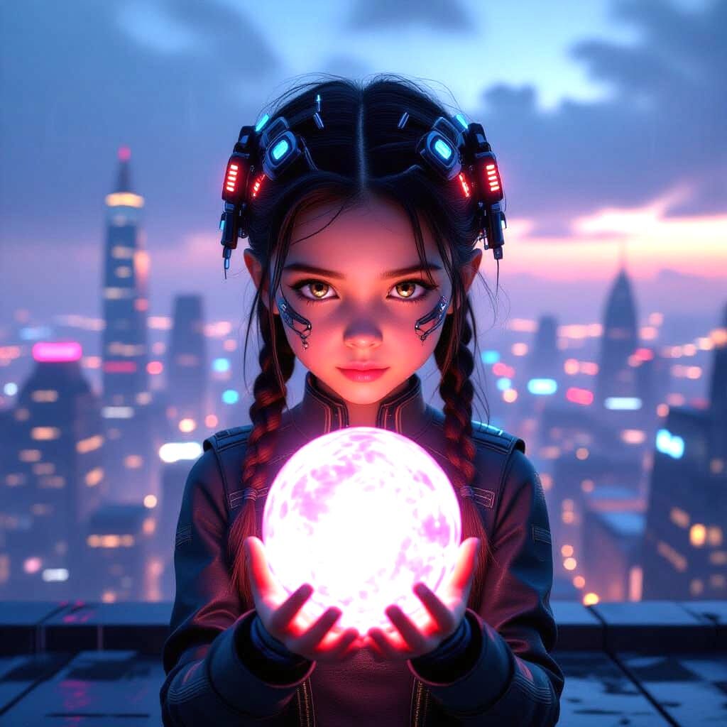 Cybernetic Girl Overlooking Neon Metropolis