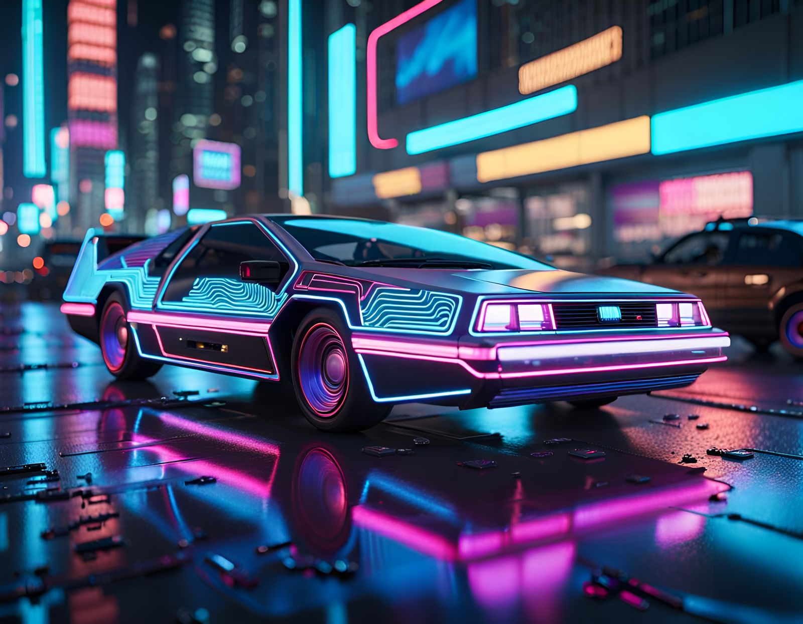 Retrofuturistic Car with Holographic HUD in Neon Night