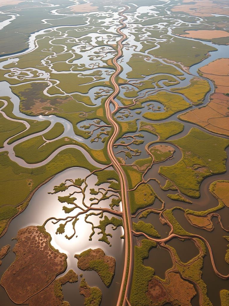 Vast River Delta Landscape in Golden Light