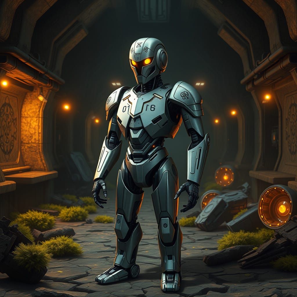 Humanoid Droid GE3-RK-7 Stands Vigilant in Abandoned Rakatan...