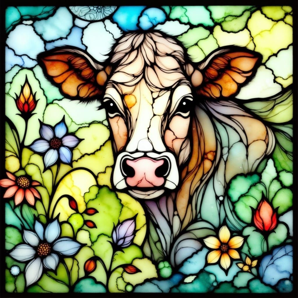 Stained Glass Cow in Dreamy Landscape