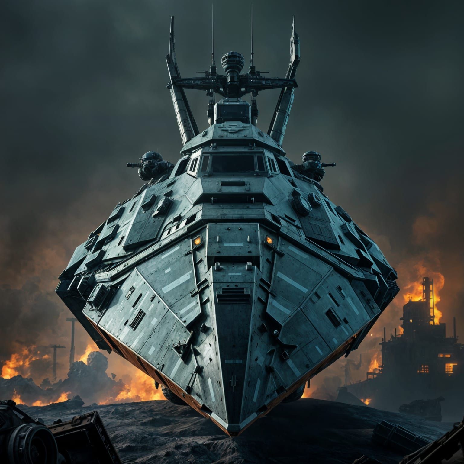 Futuristic Military Behemoth in Post-Apocalyptic Ruins