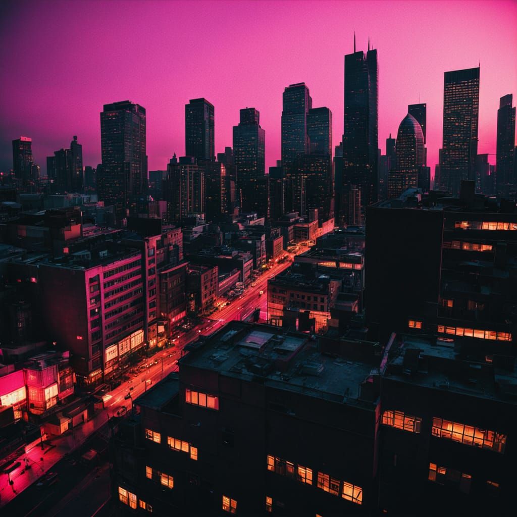 Neon Pink Cityscape at Night: A Film Noir Scene