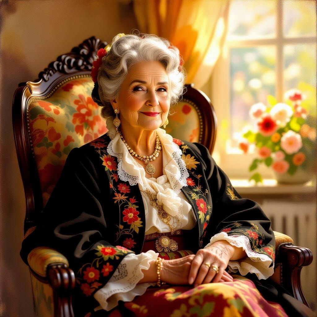 Grandmother with Cat: Oil Painting in Rembrandt Style