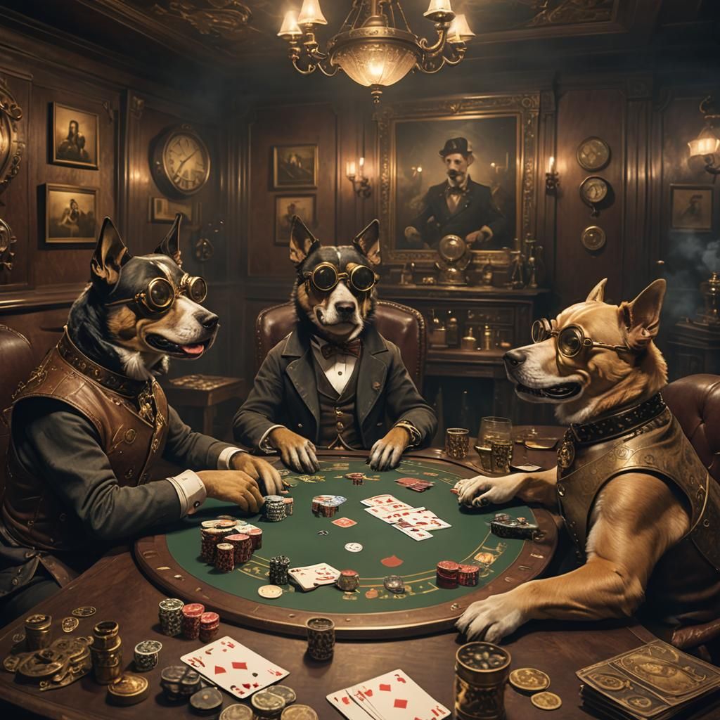 Steampunk Dogs Playing Poker in Moody Lighting