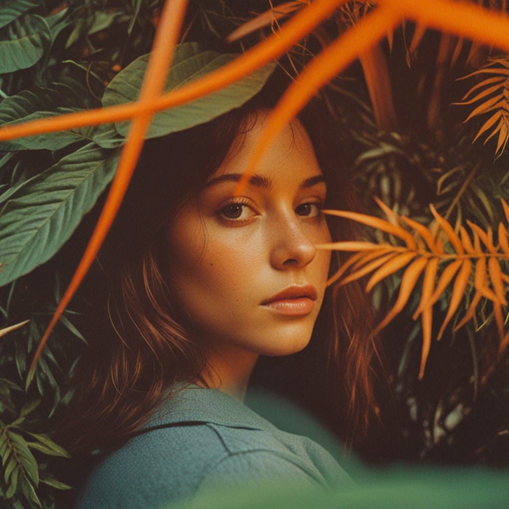 Moody Portrait Collage with Plants in Analog Style
